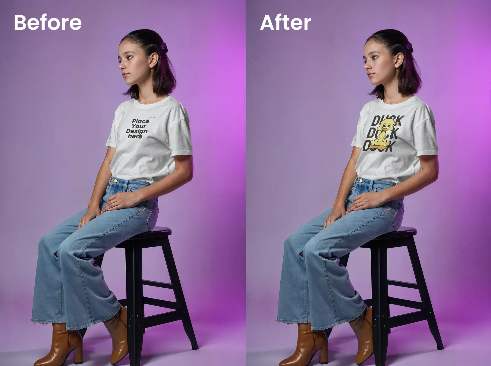 Side view t-shirt mockup featuring a model on a chair