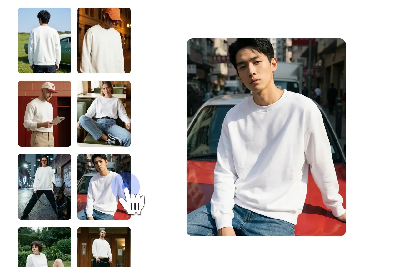 Step 1 of the mockup creation process showing a gallery of lifestyle photos with models wearing plain white sweatshirts, where one image is selected as the base mockup preview.
