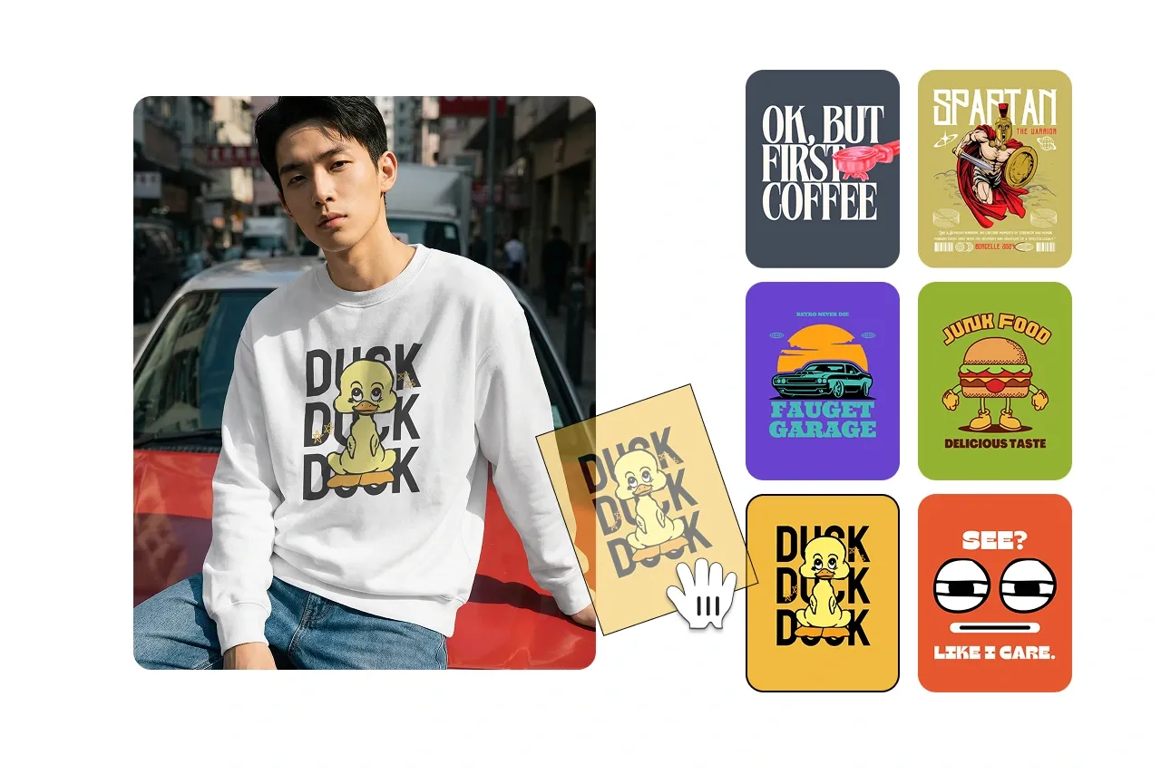 Step 2 of the mockup creation process showing a selected sweatshirt base image with multiple graphic design options, where a design is chosen to apply to the sweatshirt.