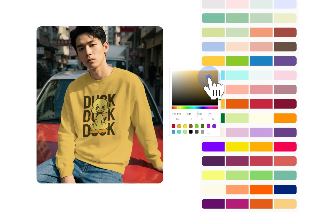 Step 3 of the mockup creation process showing a sweatshirt mockup with a color picker and palette, where the sweatshirt color is being adjusted