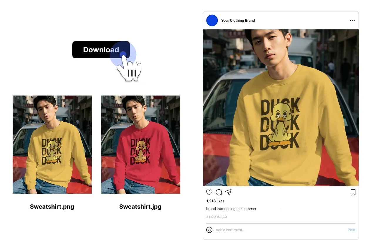Step 4 of the mockup creation process showing the final sweatshirt mockup available for download in multiple formats and previewed in a social media post layout.