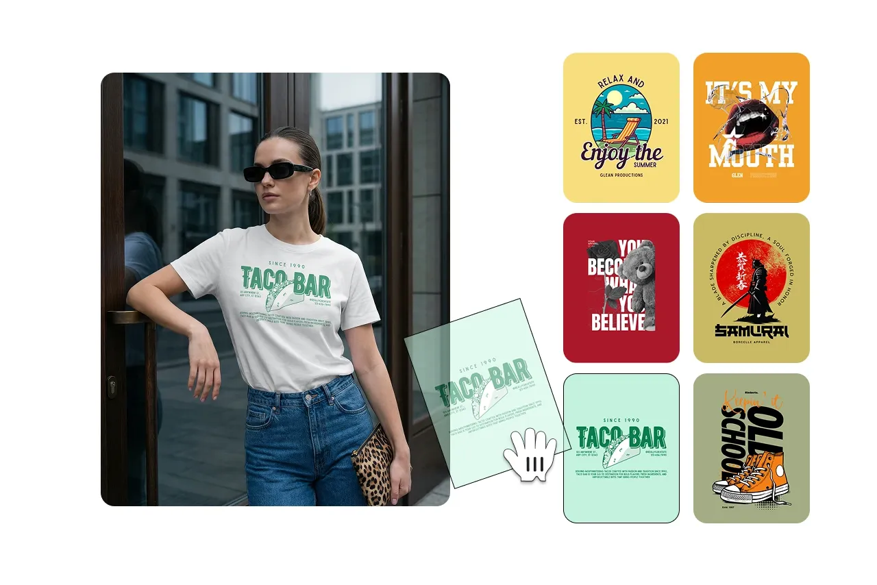 Step 2 of the mockup creation process showing a selected t-shirt base image with multiple graphic design options displayed, where a design is being chosen to apply to the t-shirt.