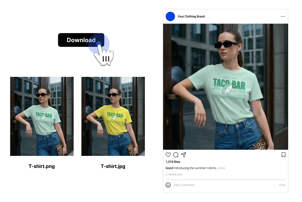 Step 4 of the mockup creation process showing the final t-shirt mockup ready for download in multiple file formats and previewed in a social media post layout.
