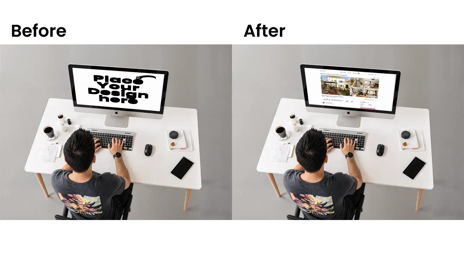 Top angle view of iMac mockup featuring a person