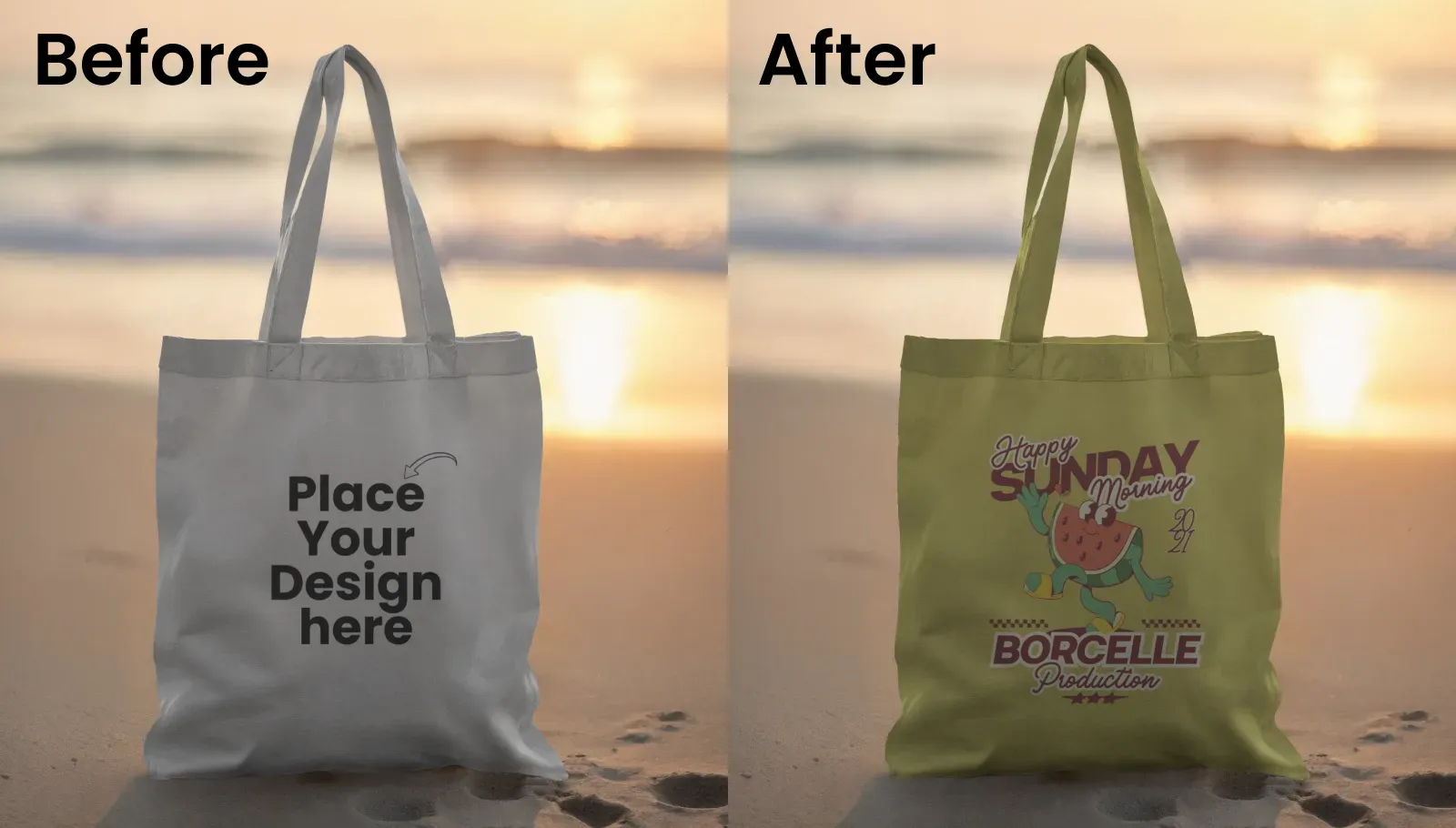 Tote Bag Mockup on the Beach with Sunset Ocean Background