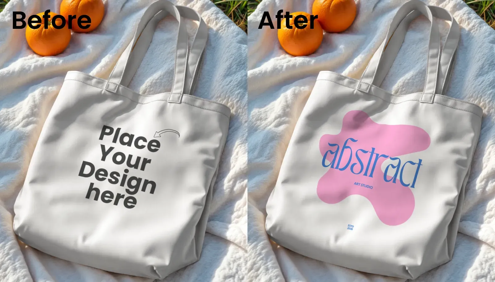 Tote Bag Mockup on White Fleece Blanket with Oranges