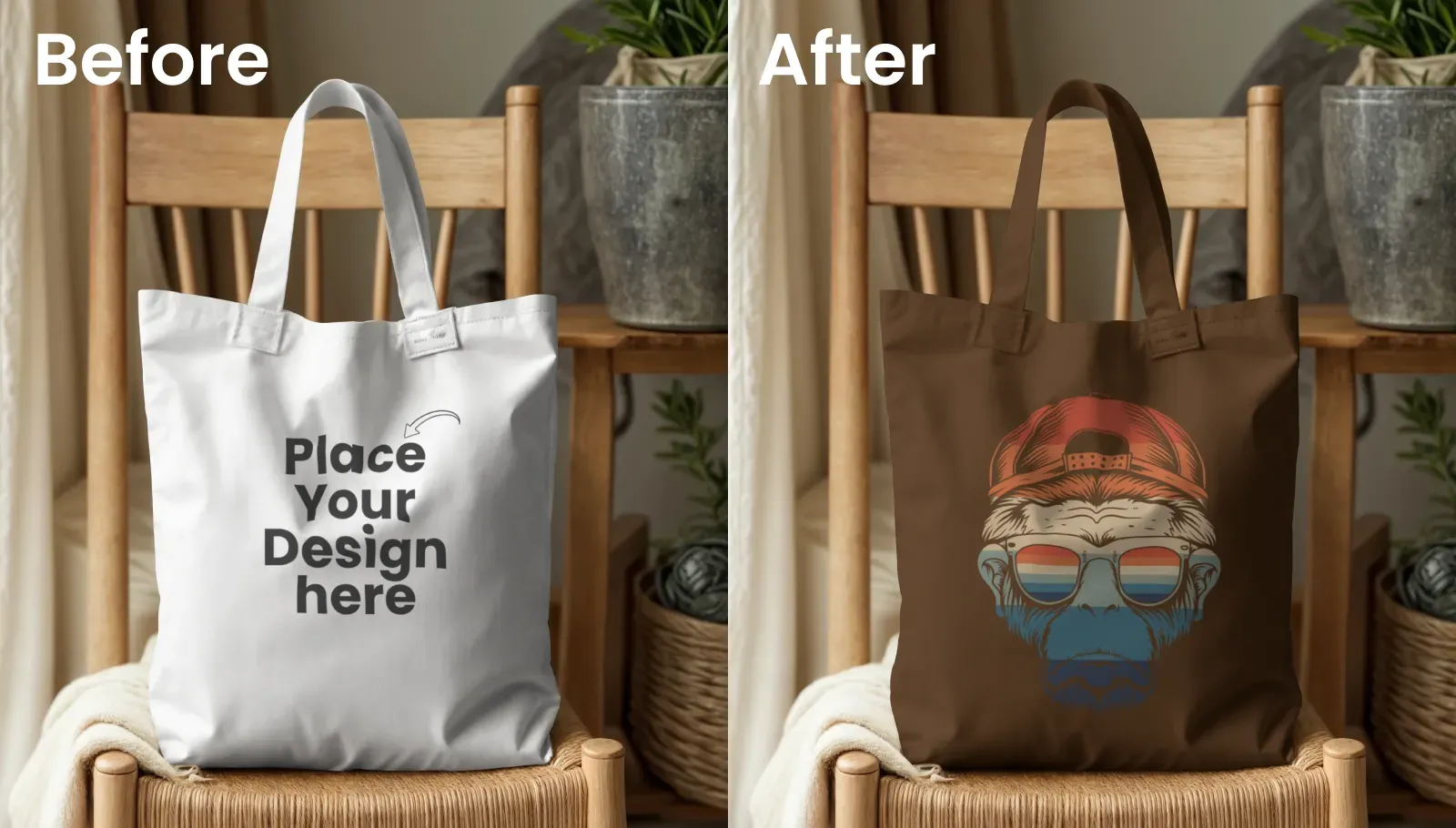 Tote Bag Mockup on Wooden Chair in Room Interior
