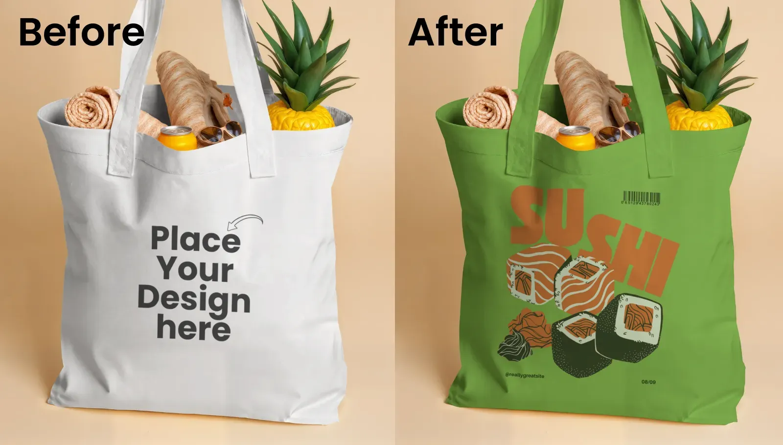 Tote Bag Mockup with Groceries Inside