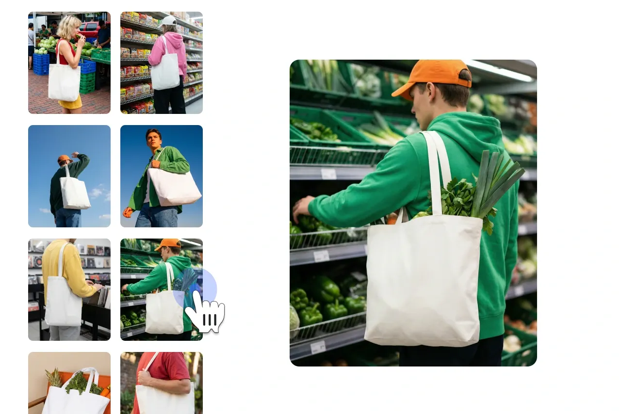 Step 1 showing a gallery of tote bag lifestyle photos, with one image selected as the base mockup.