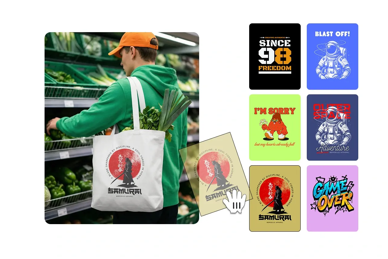 Step 2 showing a selected tote bag mockup with multiple design options to apply.