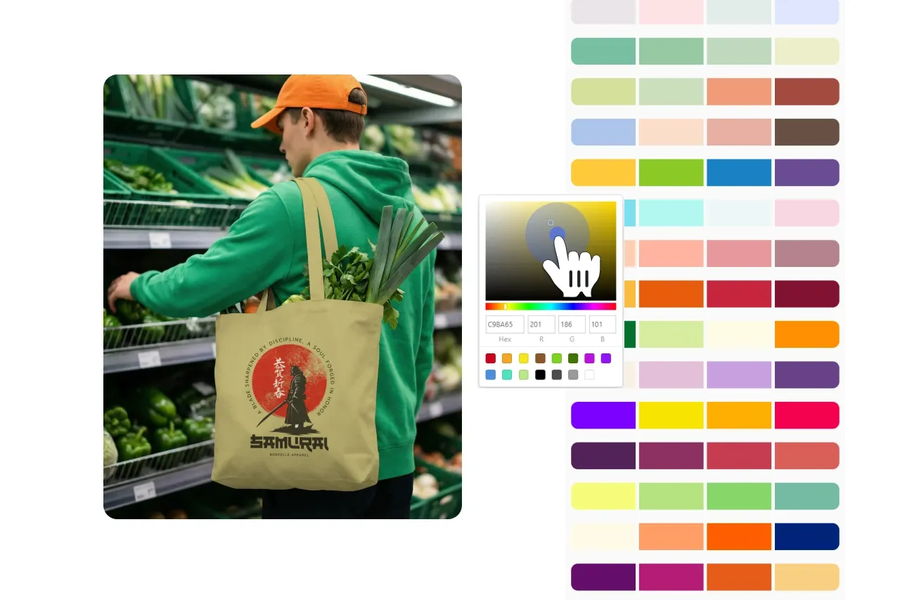 Step 3 showing a tote bag mockup with a color picker, where the bag color is being customized.