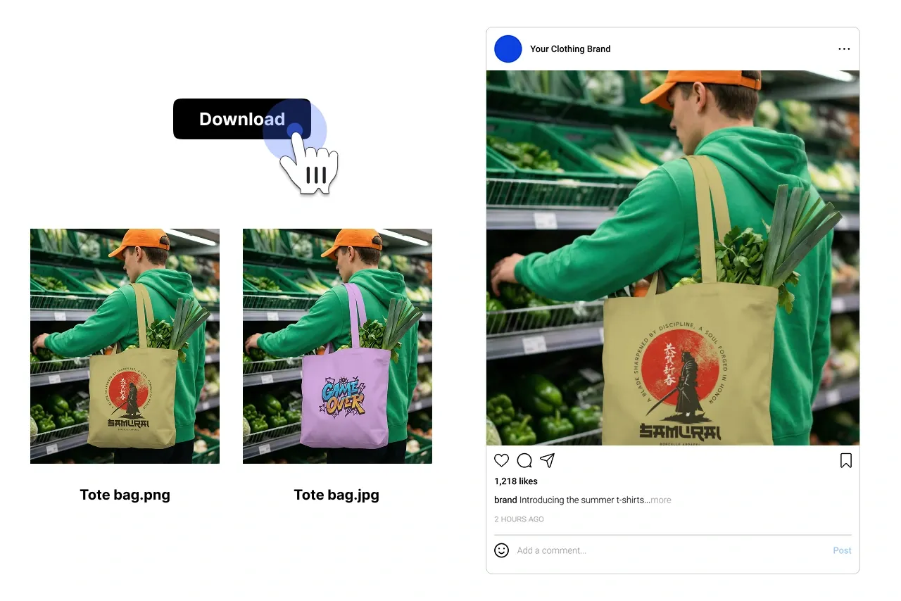 Step 4 showing the final tote bag mockup ready for download and social media preview.