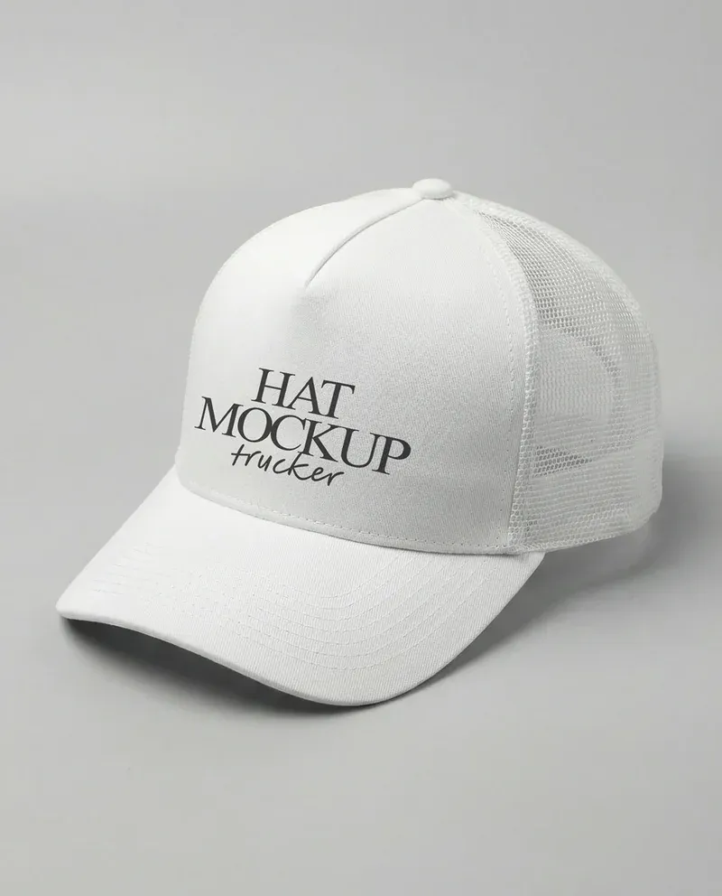 Trucker hat mockup showing a white mesh-back cap