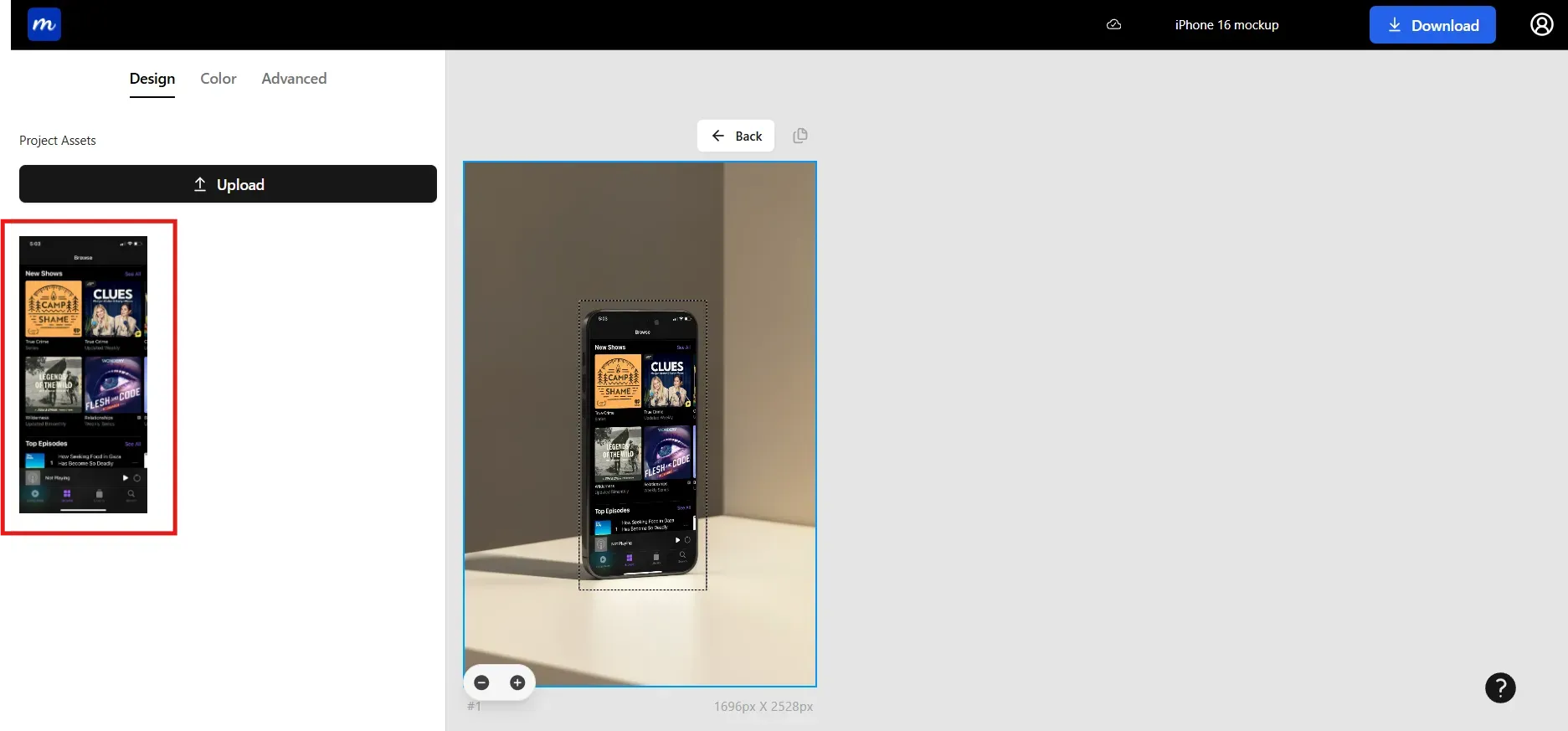 Upload app screenshot in the iPhone mockup
