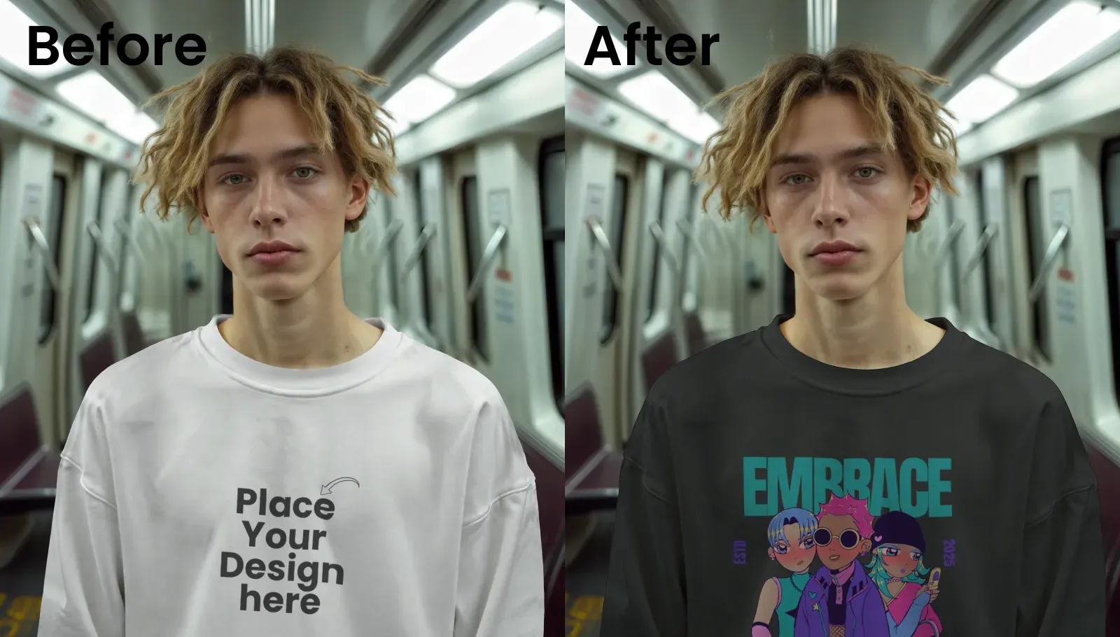 Urban lifestyle sweatshirt mockup in subway scene