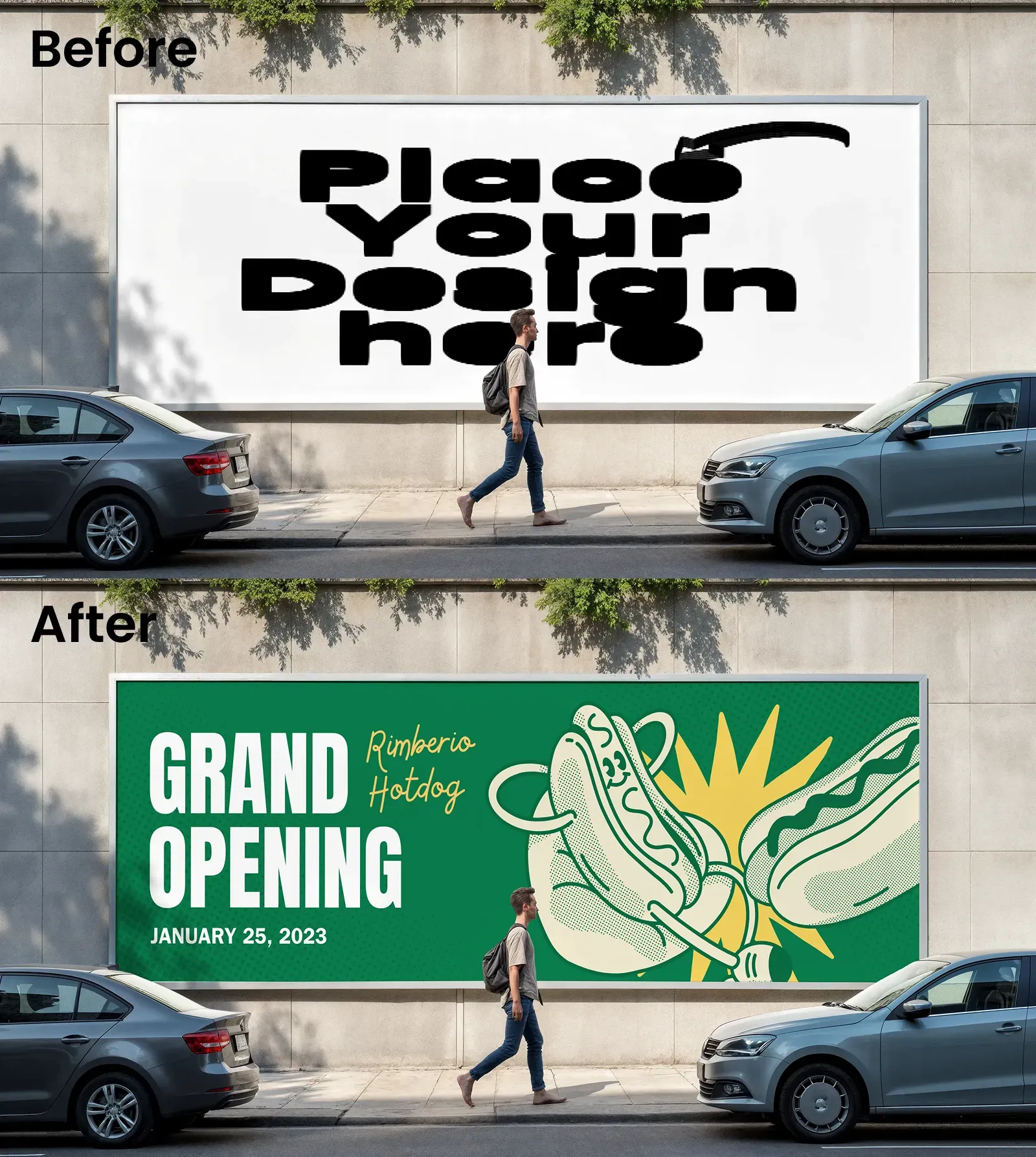 Urban Street Billboard Mockup Featuring Cars And A Man