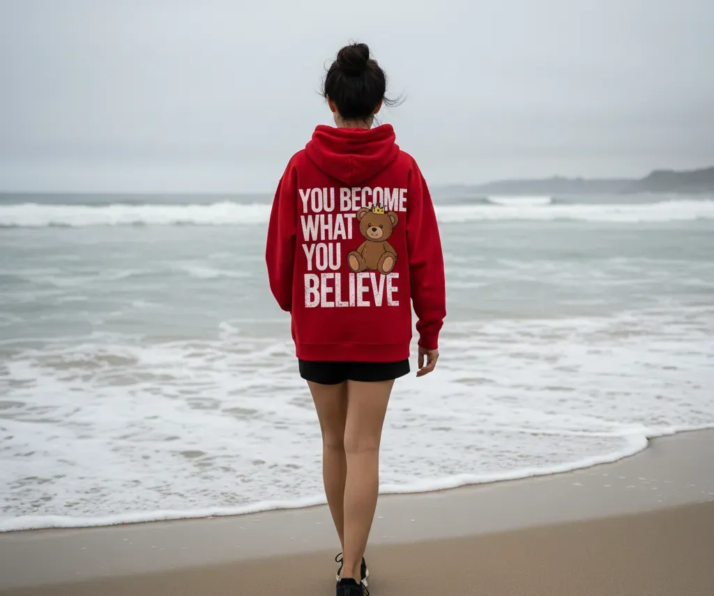 Lady wearing a hoodie walk on beach
