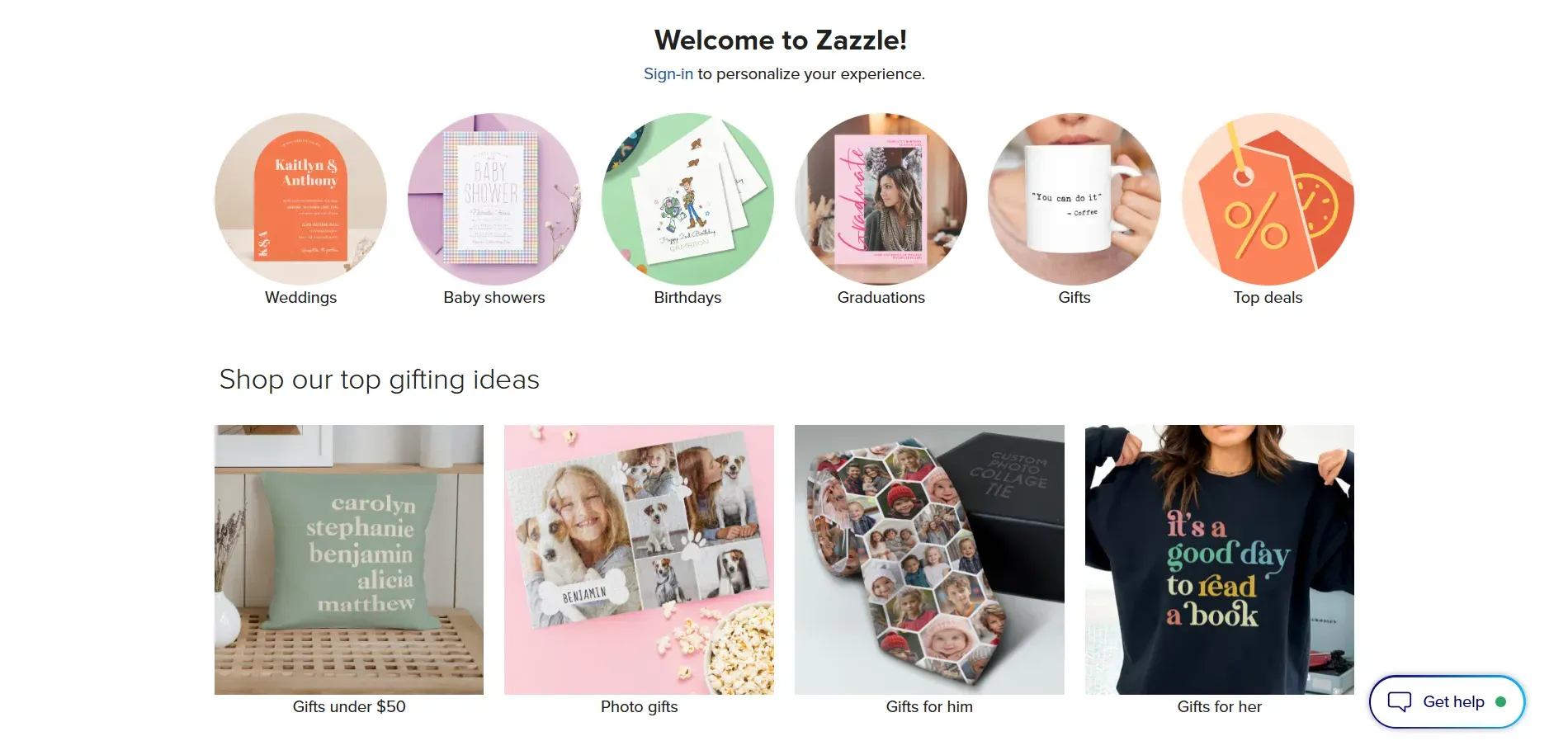 Zazzle landing page